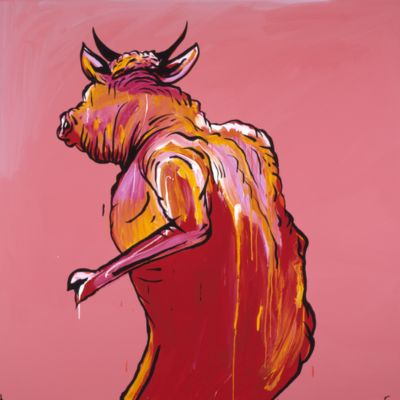 A painting of a bull against a pink background